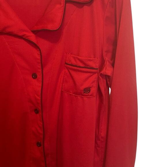 Born Women Pajama Top L Red Button Up Lounge Sleep‎ Shirt Piped Trim Stretchy - Picture 7 of 8